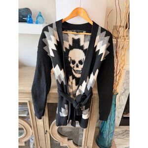 Skull Cashmere Belted Cardigan Womens Black Small Wool Blend Skull Back Sweater
